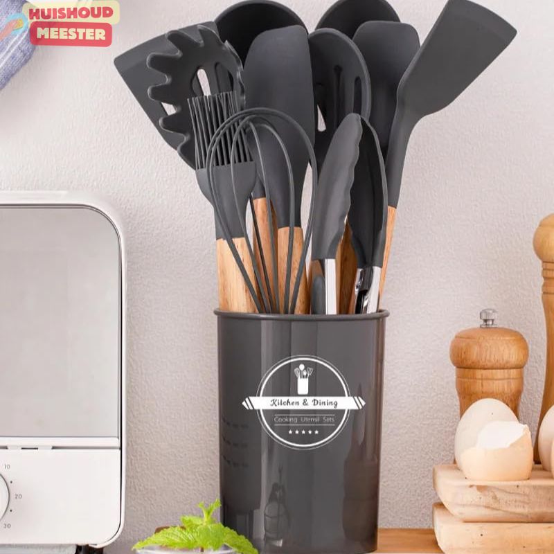 12-piece wooden and silicone kitchen set with holder