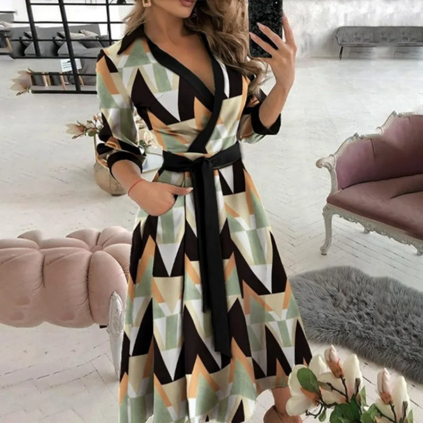 Elegante Midi-Jurk met Overslag en Tailleband voor Vrouwen