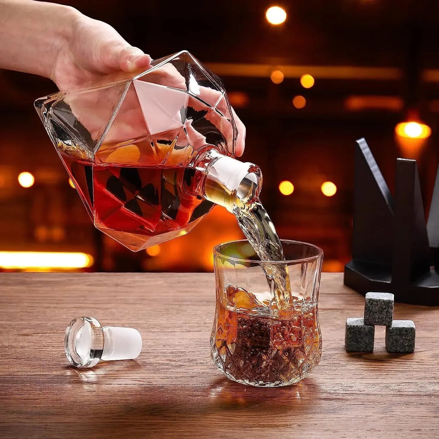 Diamant Whiskey Karaf - 1000ml met Houten Houder