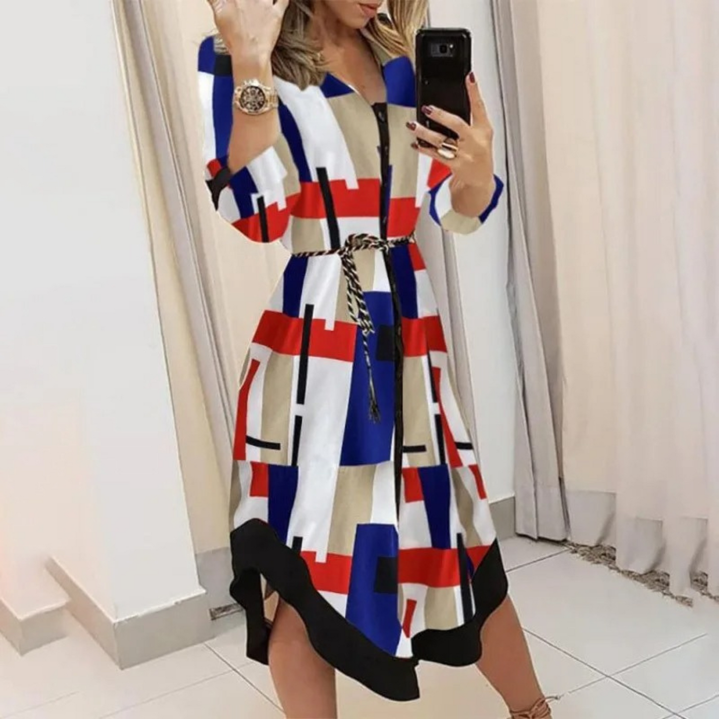Elegante Midi-Jurk met Overslag en Tailleband voor Vrouwen