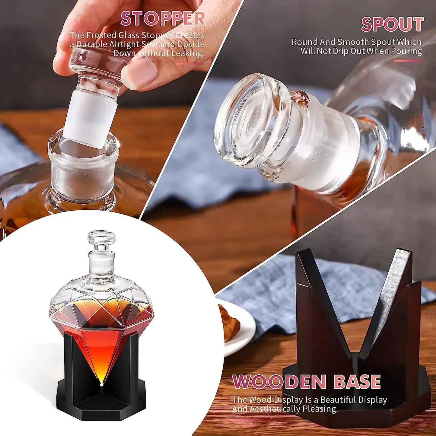 Diamant Whiskey Karaf - 1000ml met Houten Houder