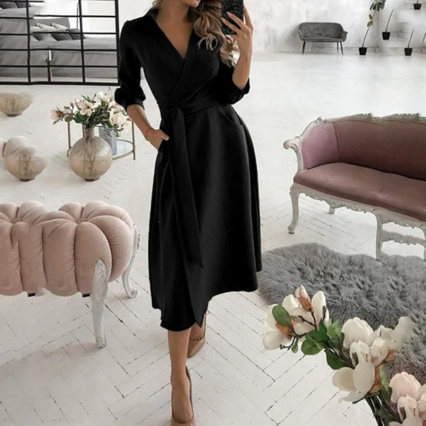 Elegante Midi-Jurk met Overslag en Tailleband voor Vrouwen