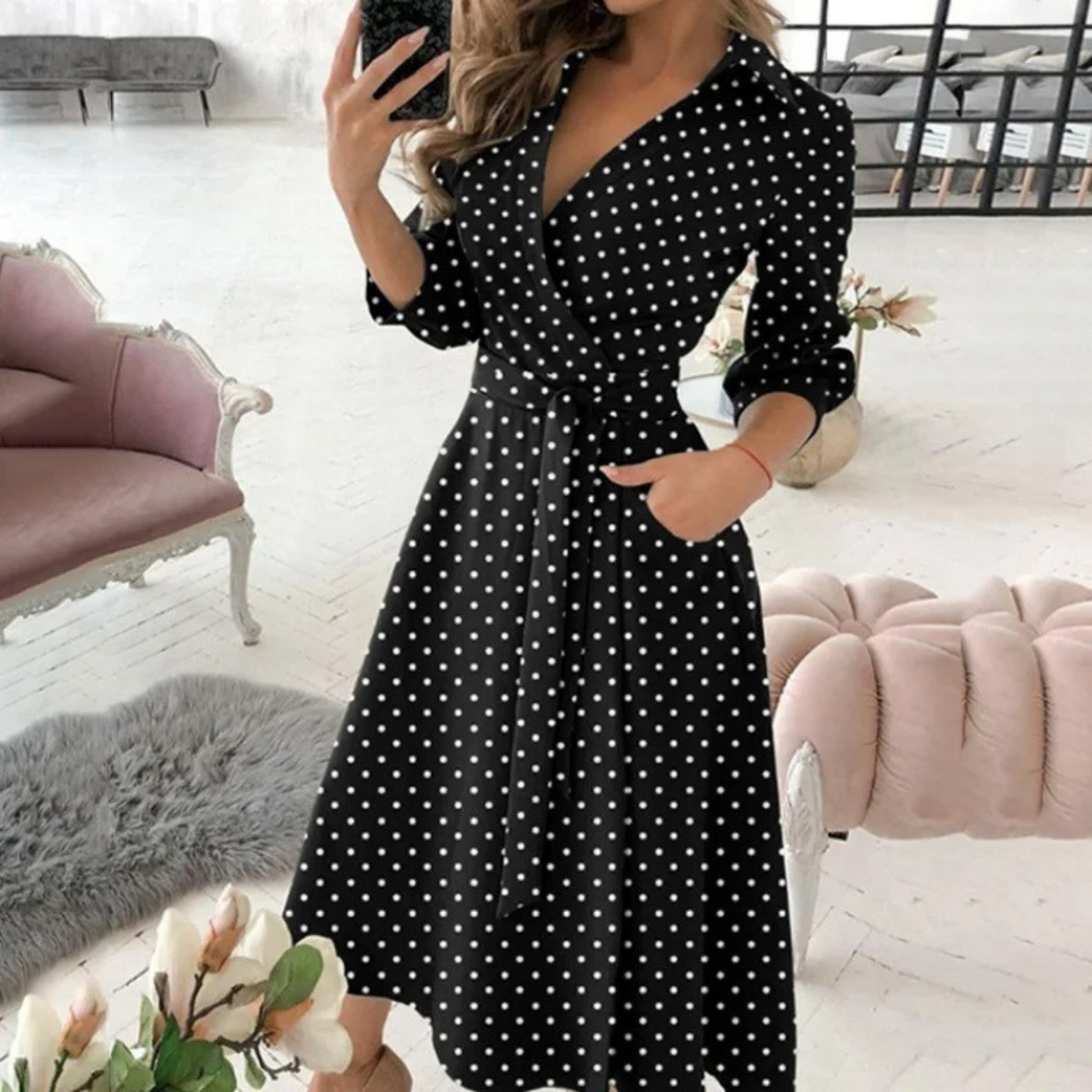 Elegante Midi-Jurk met Overslag en Tailleband voor Vrouwen