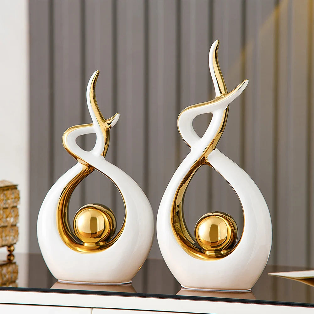 Abstracte keramische kunstsculptuur met gouden accenten - Modern decor voor huis en kantoor