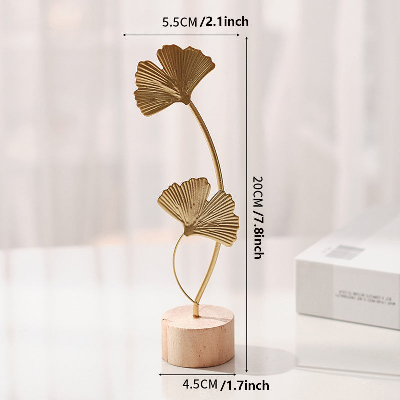 Scandinavische Metalen Blad en Sneeuwvlok Sculptuur met Houten Basis - Elegante Woondecoratie
