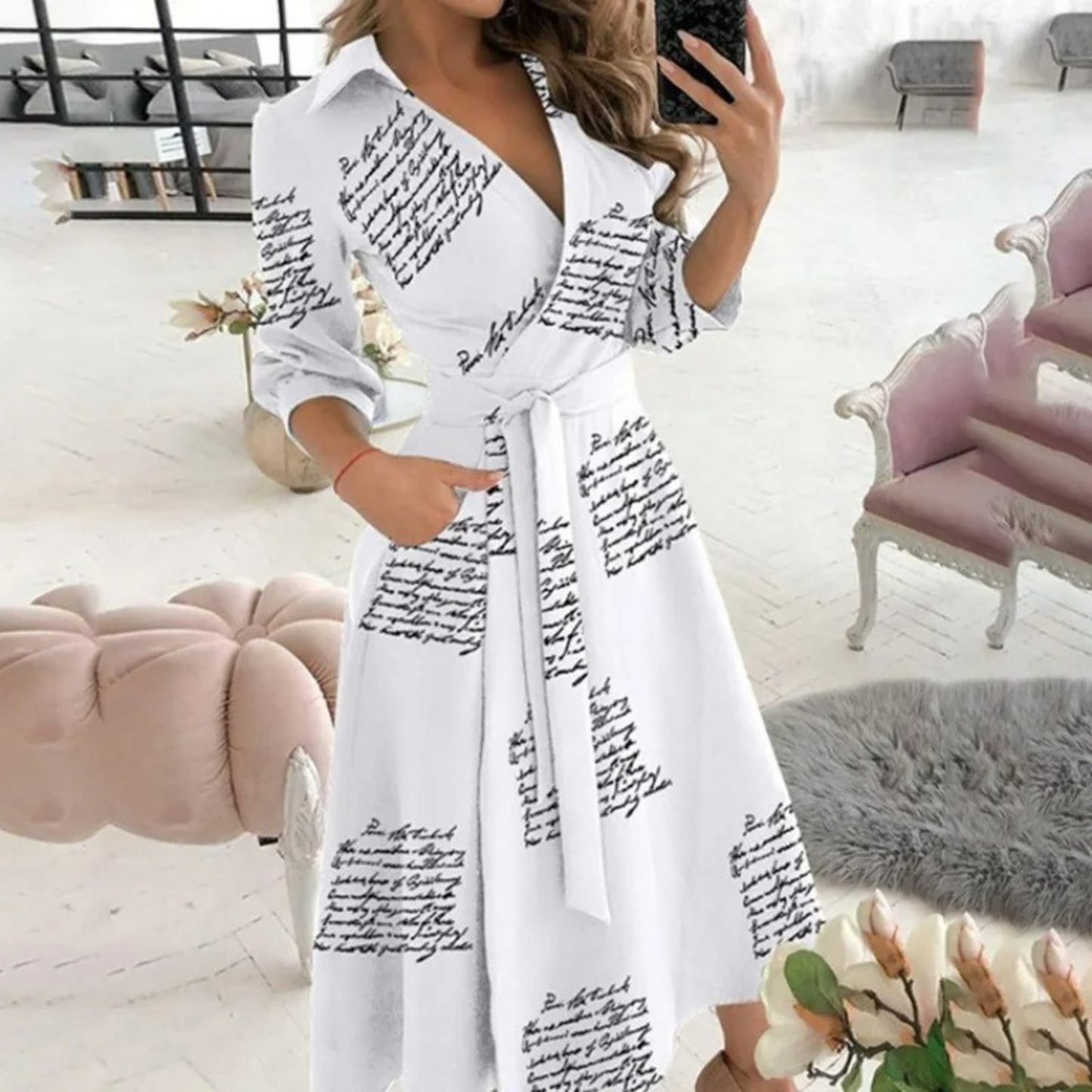 Elegante Midi-Jurk met Overslag en Tailleband voor Vrouwen