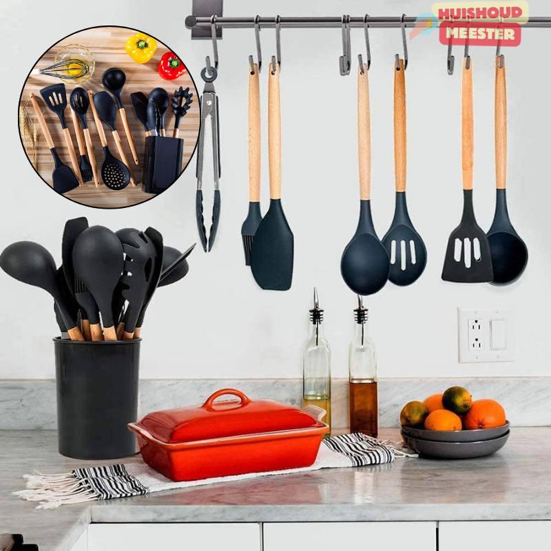 12-piece wooden and silicone kitchen set with holder