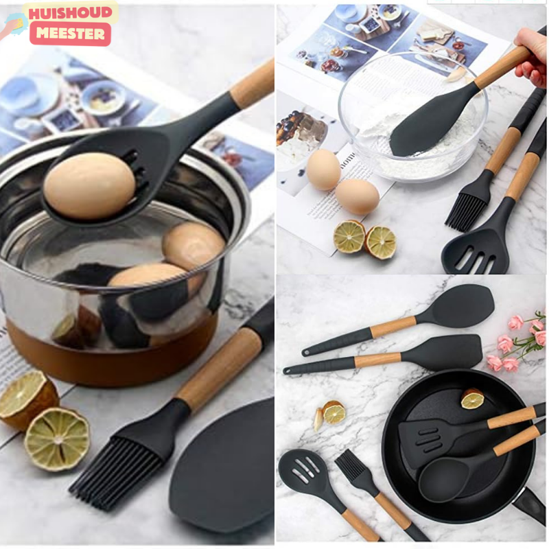 12-piece wooden and silicone kitchen set with holder