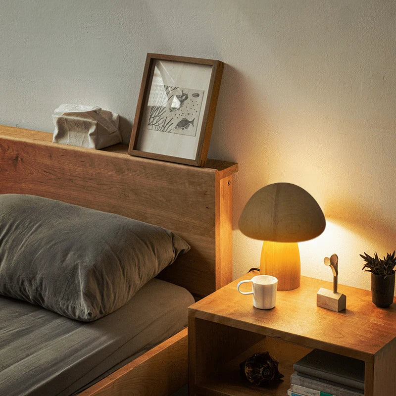 Natuurlijke Houten Paddenstoel Nachtlamp - Dimbaar & USB Oplaadbaar