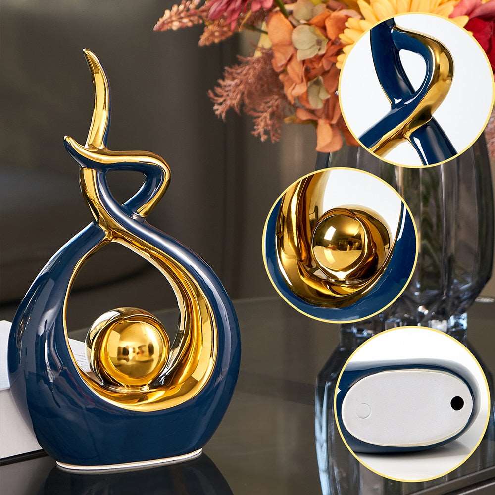 Abstracte keramische kunstsculptuur met gouden accenten - Modern decor voor huis en kantoor