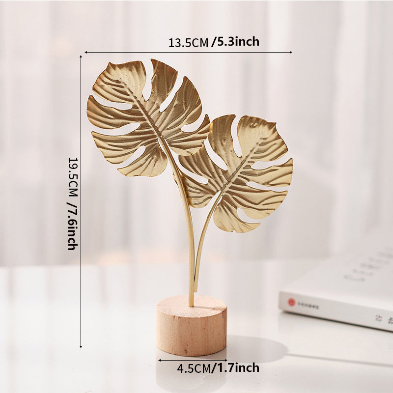 Scandinavische Metalen Blad en Sneeuwvlok Sculptuur met Houten Basis - Elegante Woondecoratie