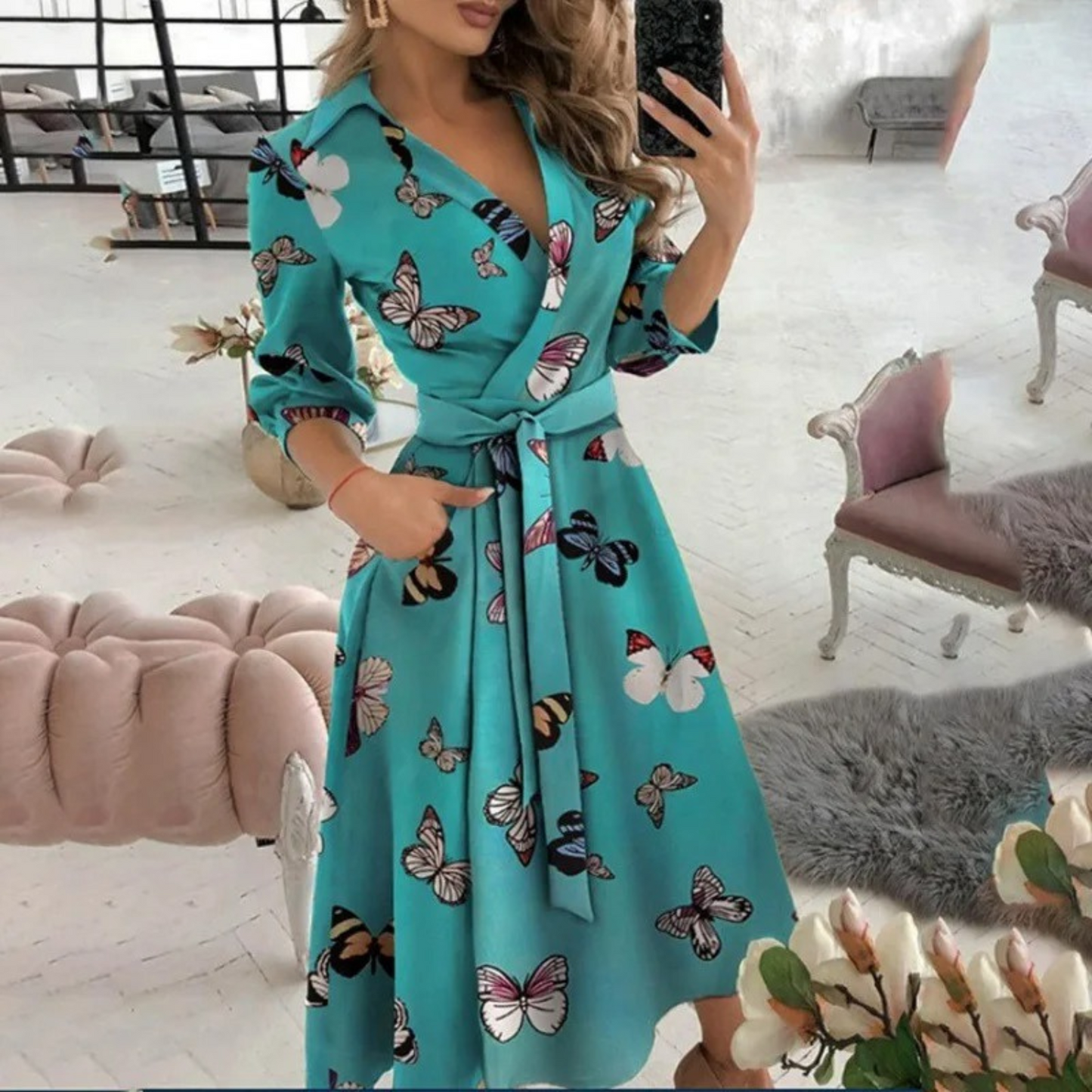 Elegante Midi-Jurk met Overslag en Tailleband voor Vrouwen
