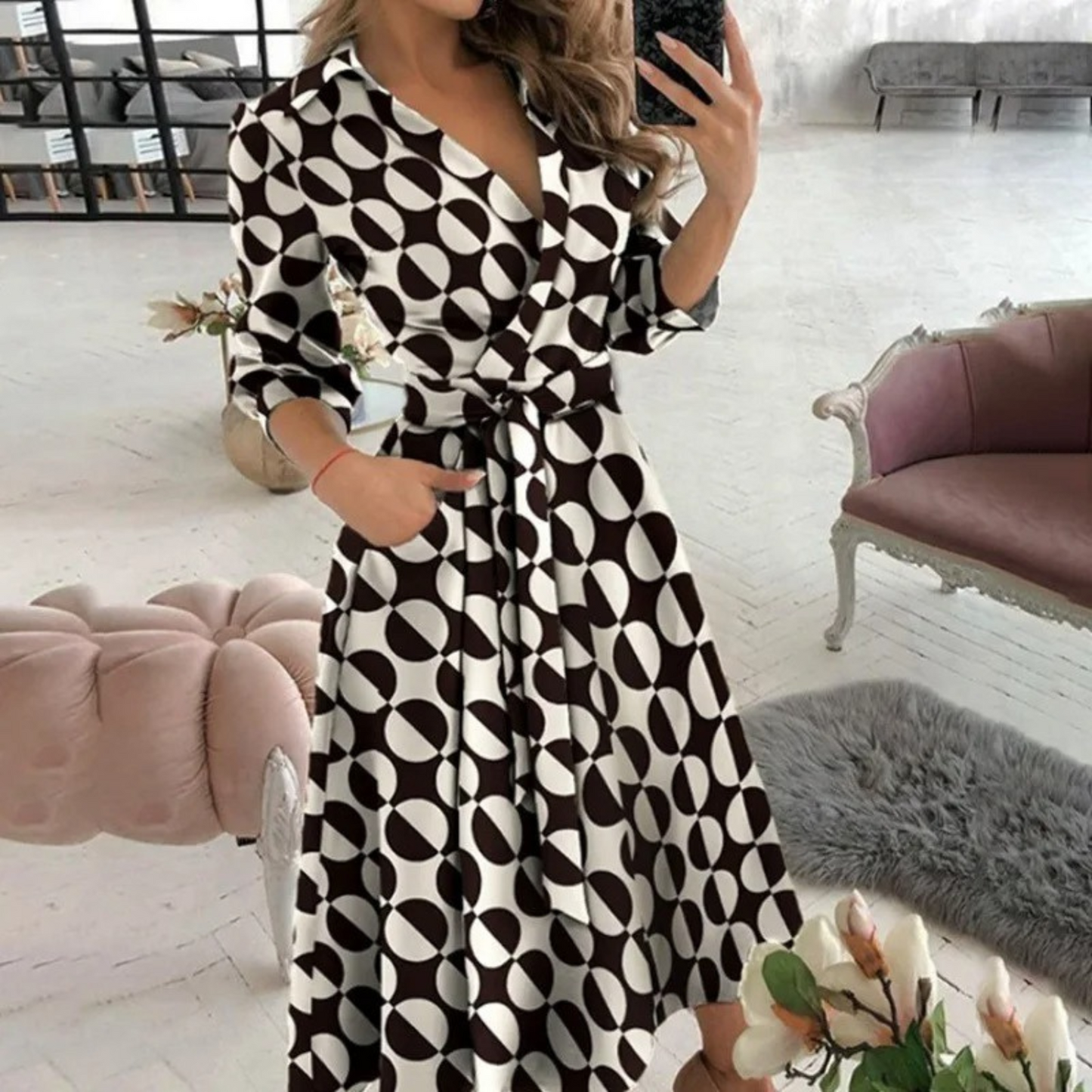 Elegante Midi-Jurk met Overslag en Tailleband voor Vrouwen