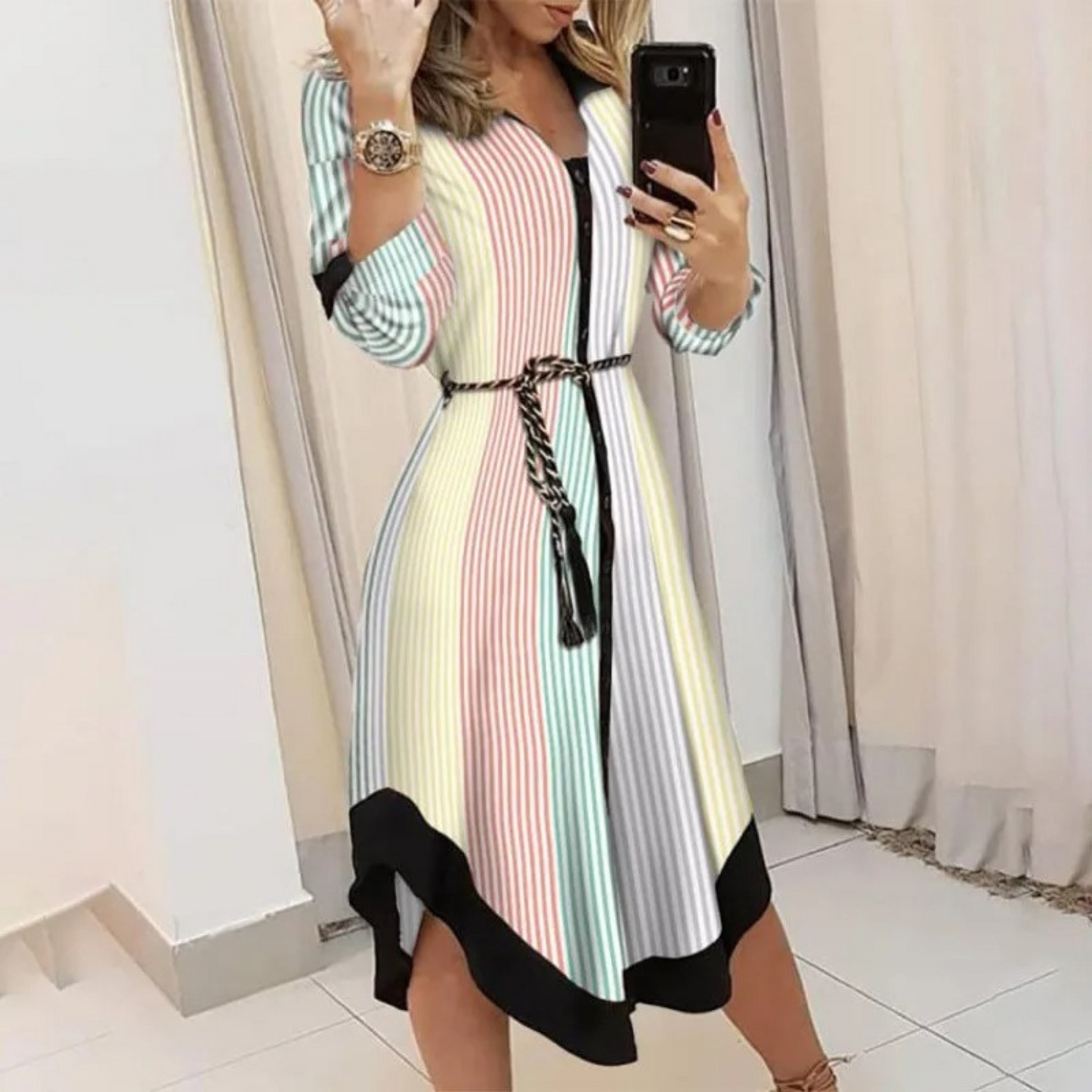 Elegante Midi-Jurk met Overslag en Tailleband voor Vrouwen