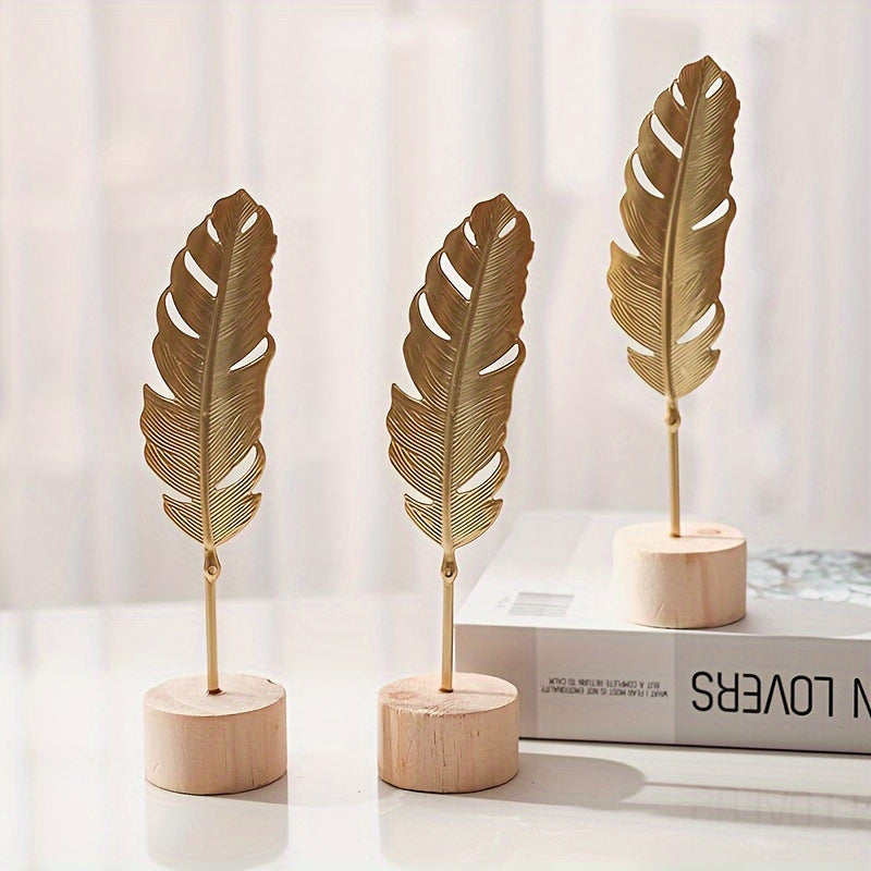 Scandinavische Metalen Blad en Sneeuwvlok Sculptuur met Houten Basis - Elegante Woondecoratie