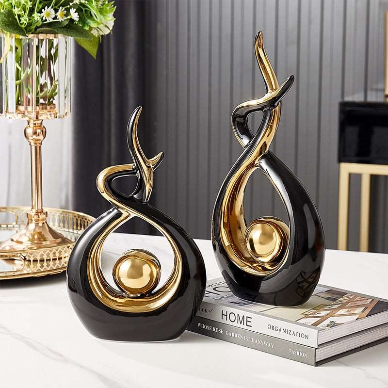Abstracte keramische kunstsculptuur met gouden accenten - Modern decor voor huis en kantoor
