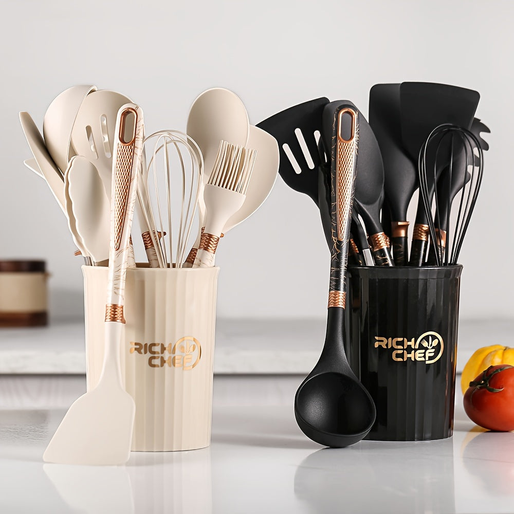 Silicone Kitchen Accessories Set - Non-Stick Tools with Wooden Handles