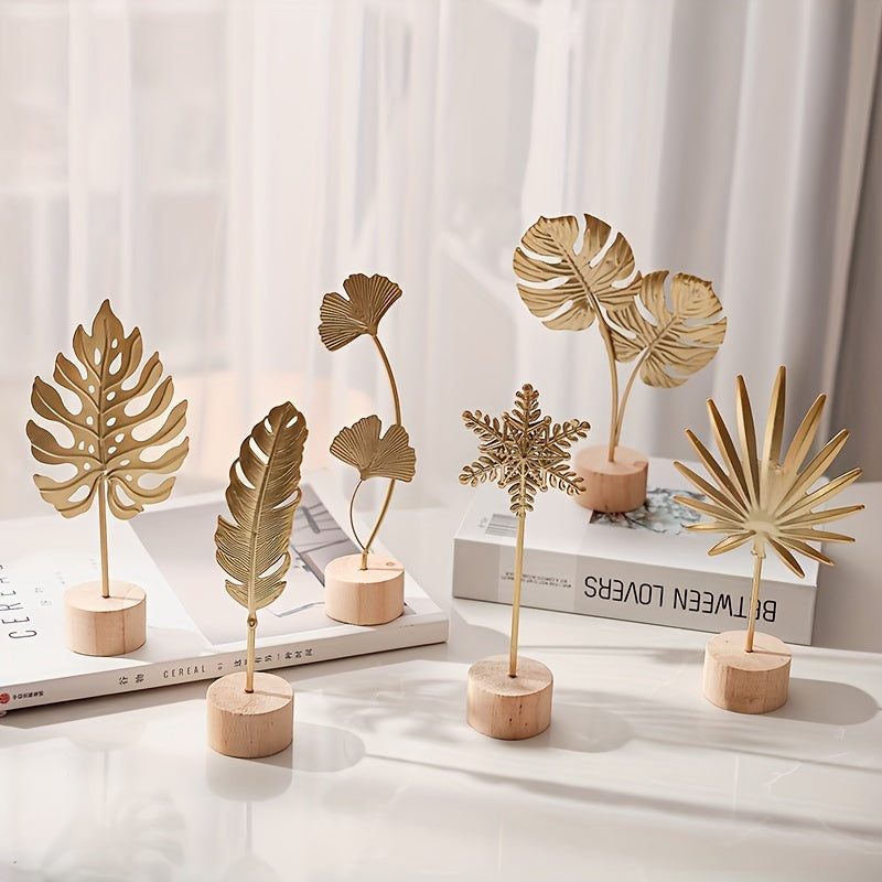 Scandinavische Metalen Blad en Sneeuwvlok Sculptuur met Houten Basis - Elegante Woondecoratie