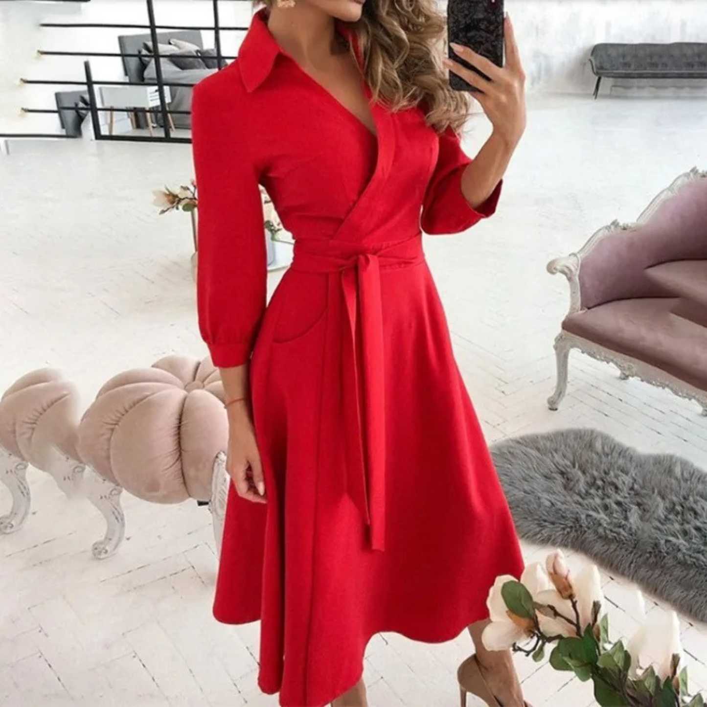 Elegante Midi-Jurk met Overslag en Tailleband voor Vrouwen