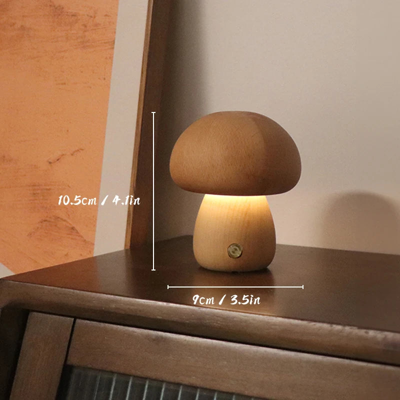 Natuurlijke Houten Paddenstoel Nachtlamp - Dimbaar & USB Oplaadbaar