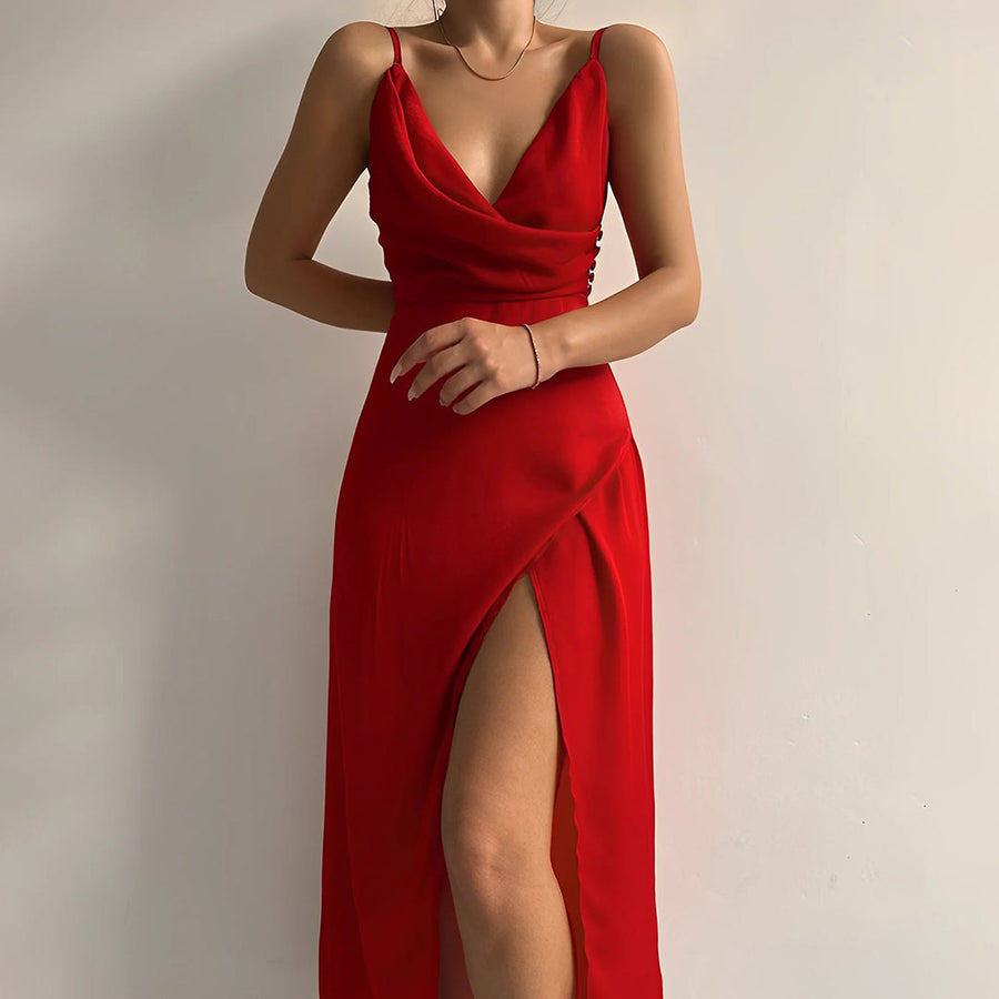 Elegante maxi-jurk met V-hals en hoge split