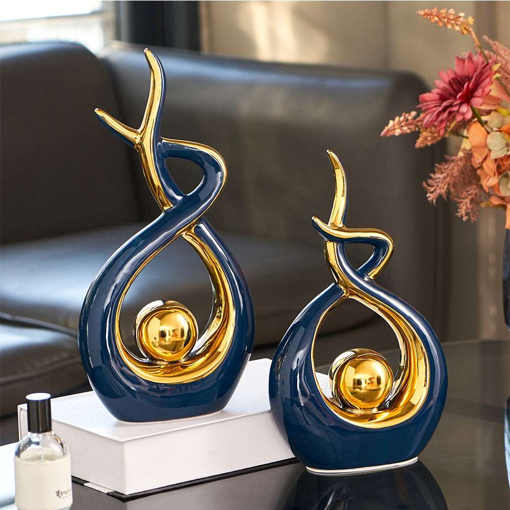 Abstracte keramische kunstsculptuur met gouden accenten - Modern decor voor huis en kantoor