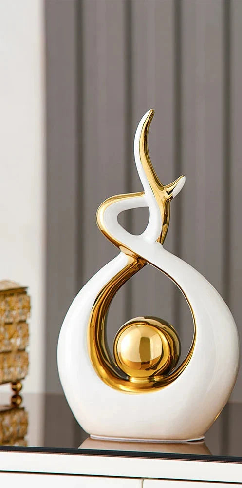 Abstracte keramische kunstsculptuur met gouden accenten - Modern decor voor huis en kantoor