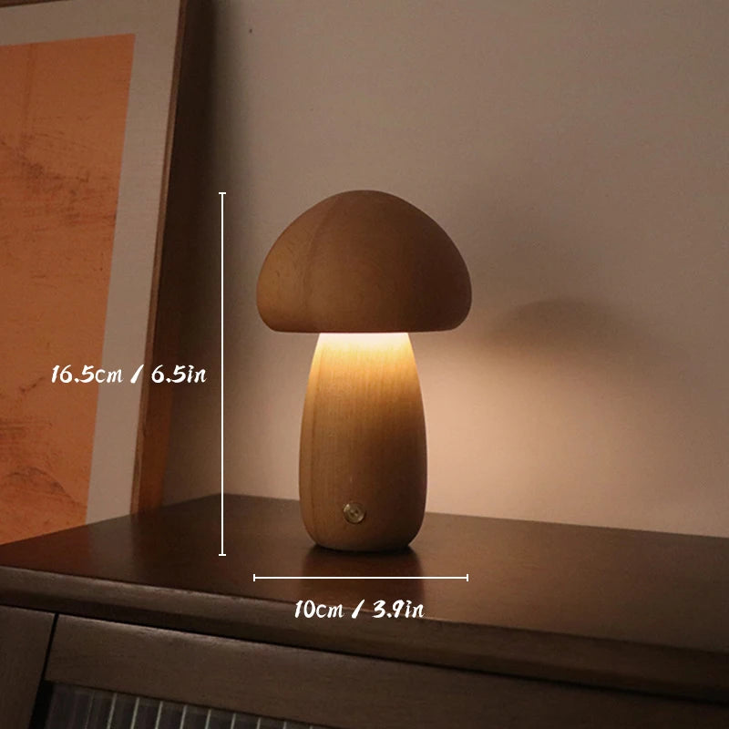 Natuurlijke Houten Paddenstoel Nachtlamp - Dimbaar & USB Oplaadbaar