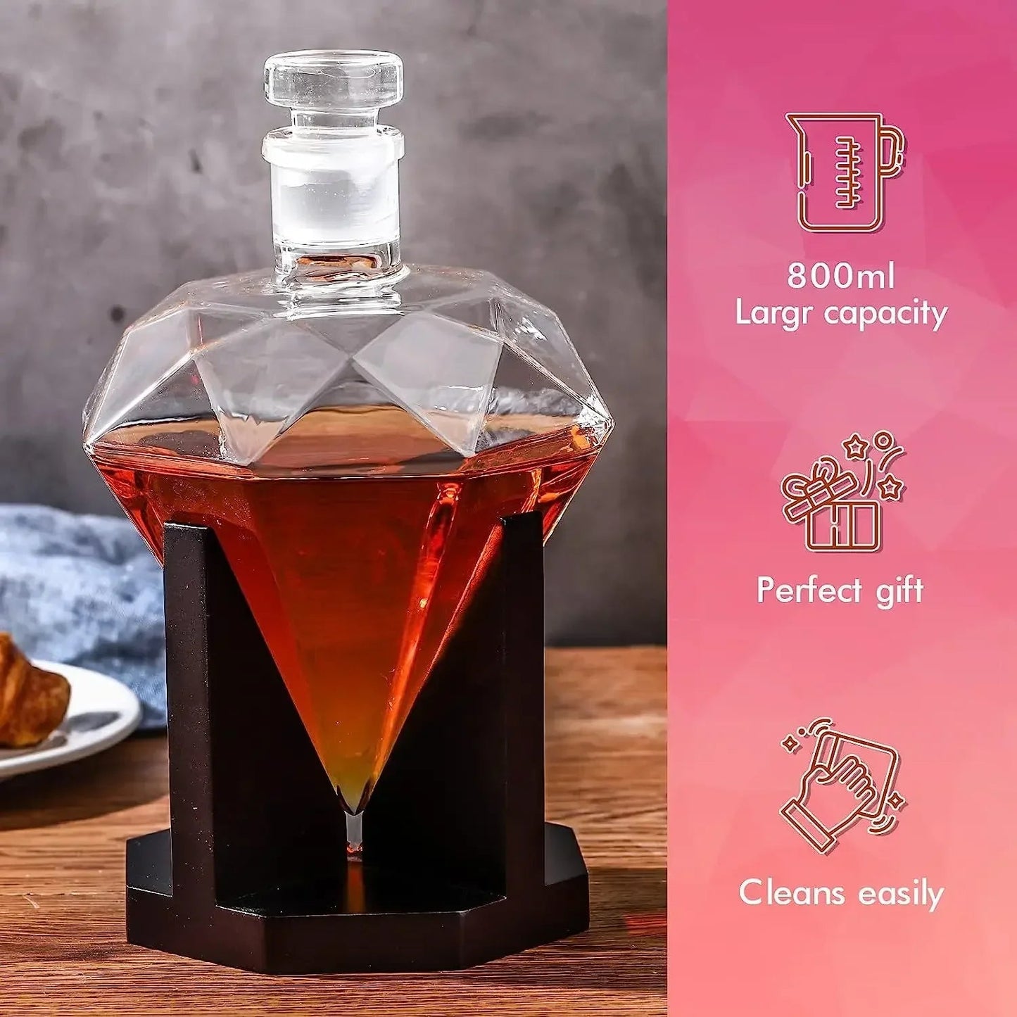 Diamant Whiskey Karaf - 1000ml met Houten Houder