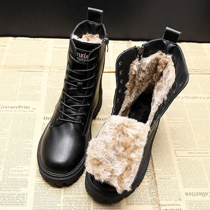 Zwarte leren winterlaarzen met pluche en memory foam