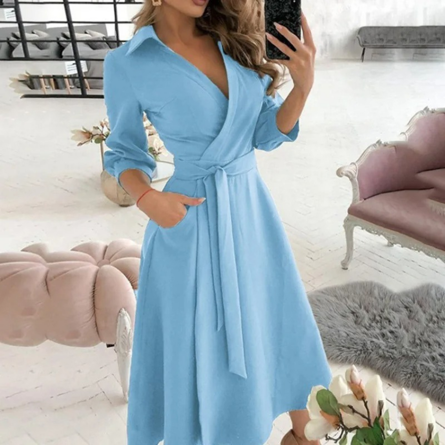Elegante Midi-Jurk met Overslag en Tailleband voor Vrouwen
