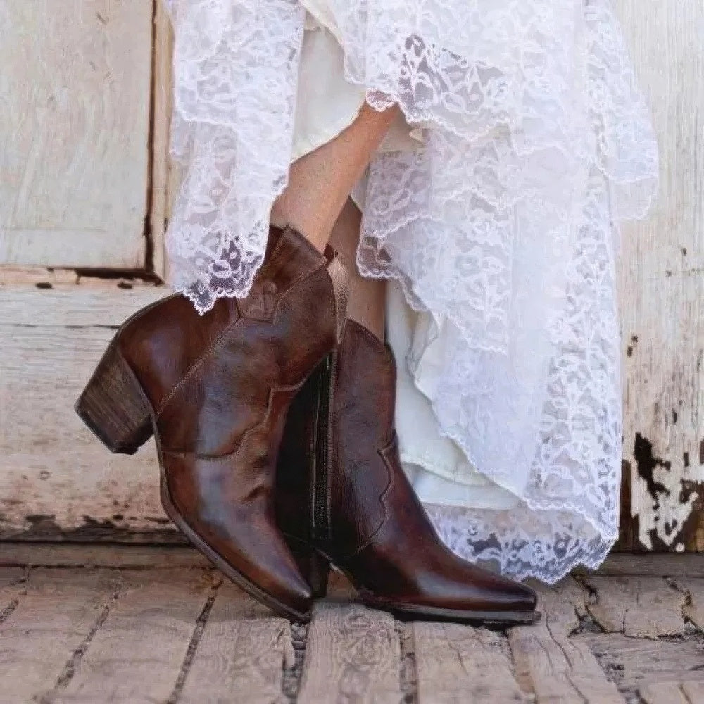 Hooggehakte Retro Western Enkellaarsjes voor Dames
