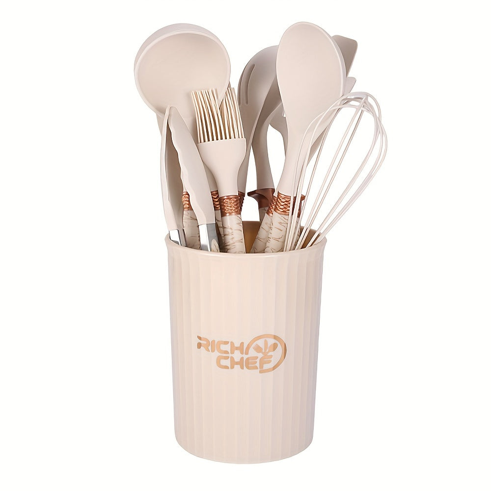 Silicone Kitchen Accessories Set - Non-Stick Tools with Wooden Handles