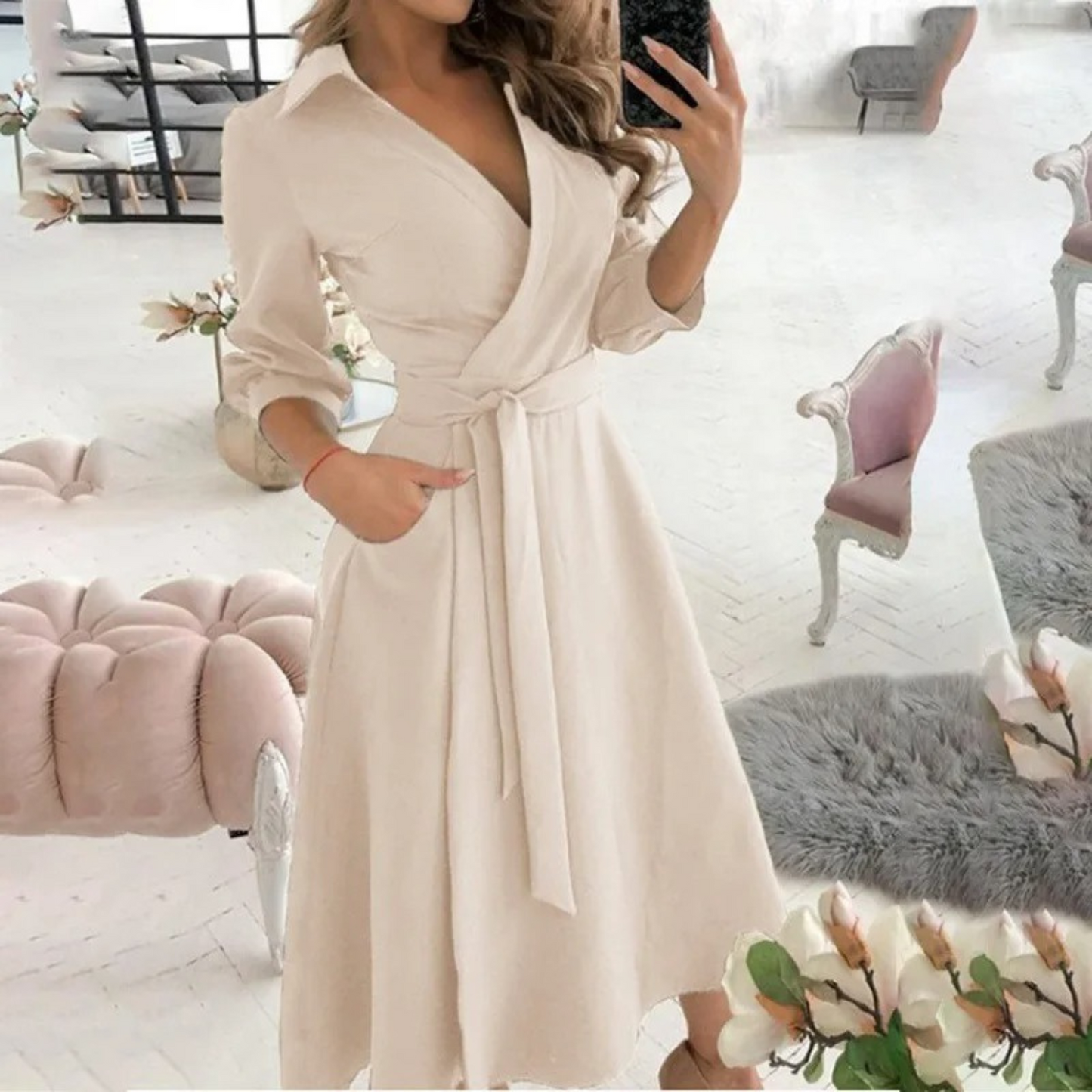 Elegante Midi-Jurk met Overslag en Tailleband voor Vrouwen
