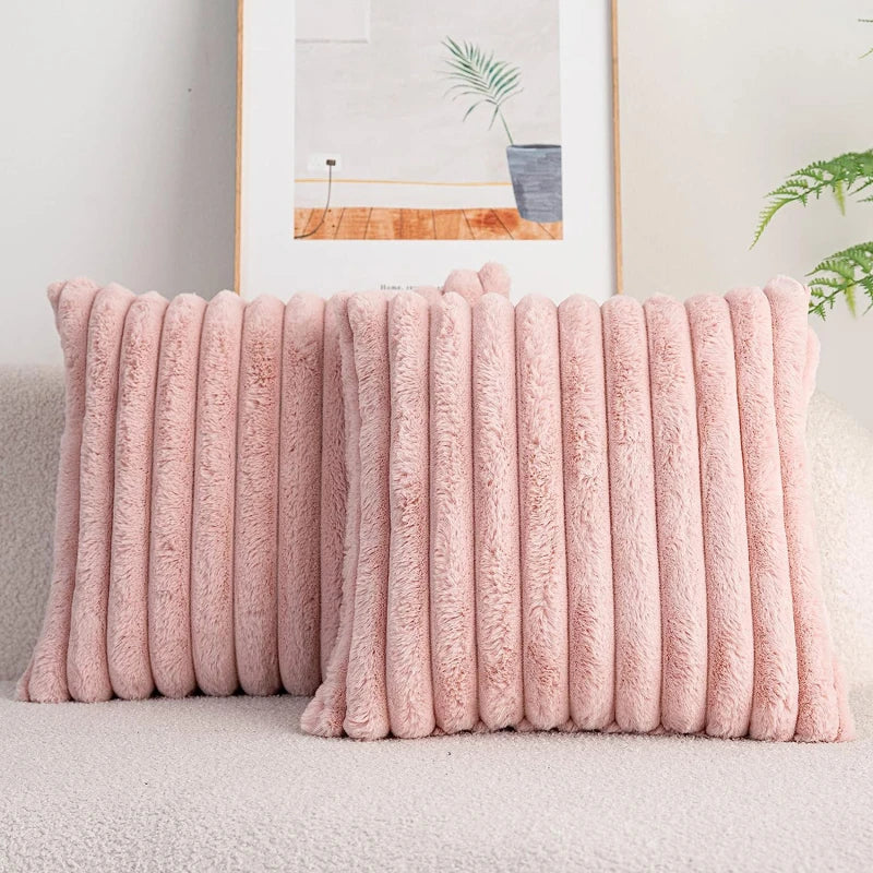 Luxe Zachte Kussenhoes van Faux Konijnenbont - Gestreept 45x45 cm