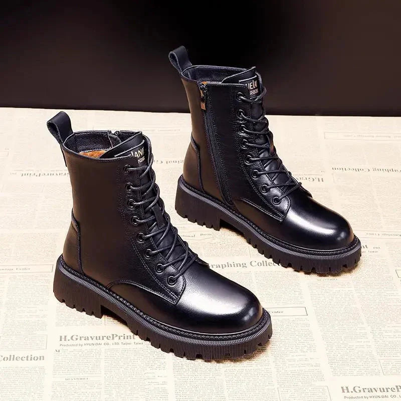 Zwarte leren winterlaarzen met pluche en memory foam