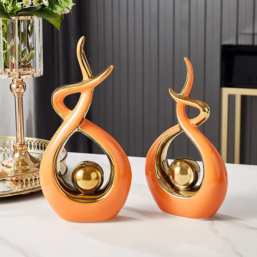 Abstracte keramische kunstsculptuur met gouden accenten - Modern decor voor huis en kantoor