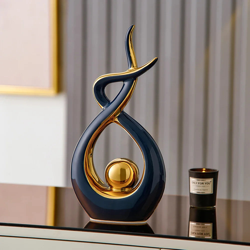 Abstracte keramische kunstsculptuur met gouden accenten - Modern decor voor huis en kantoor