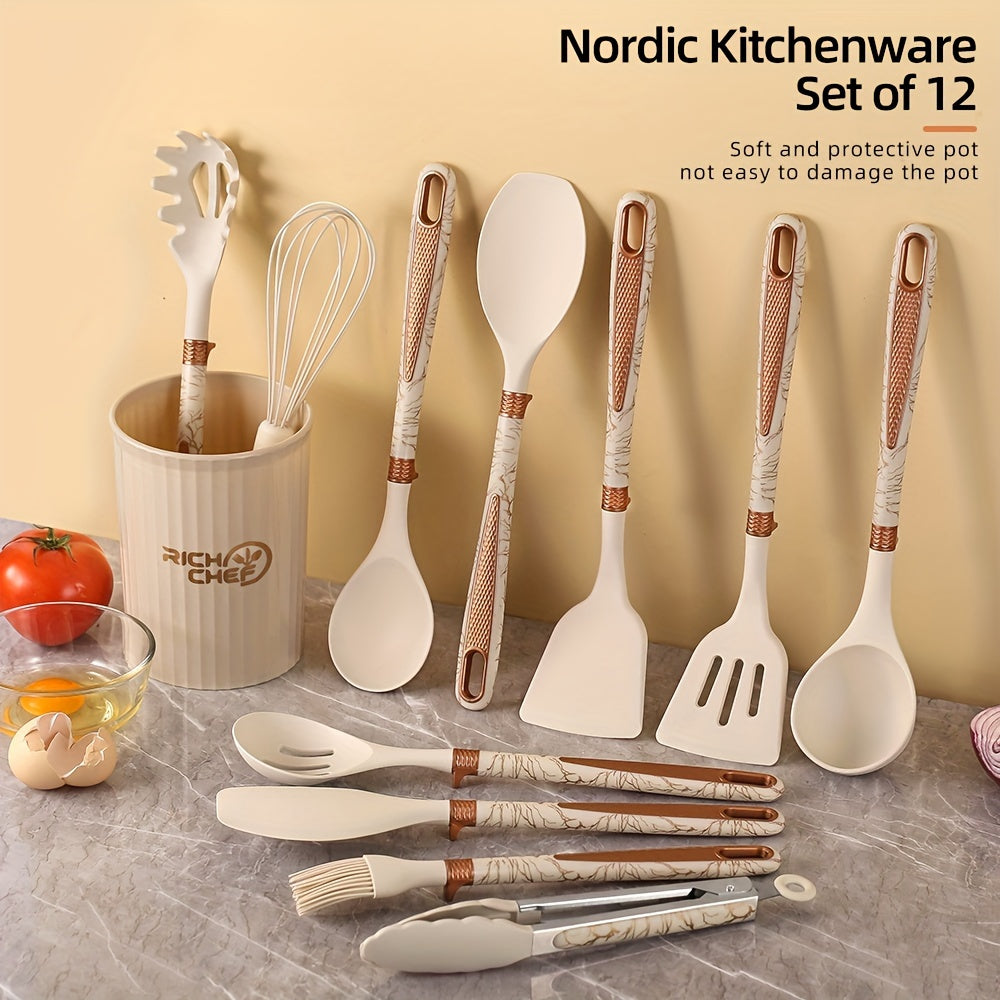 Silicone Kitchen Accessories Set - Non-Stick Tools with Wooden Handles