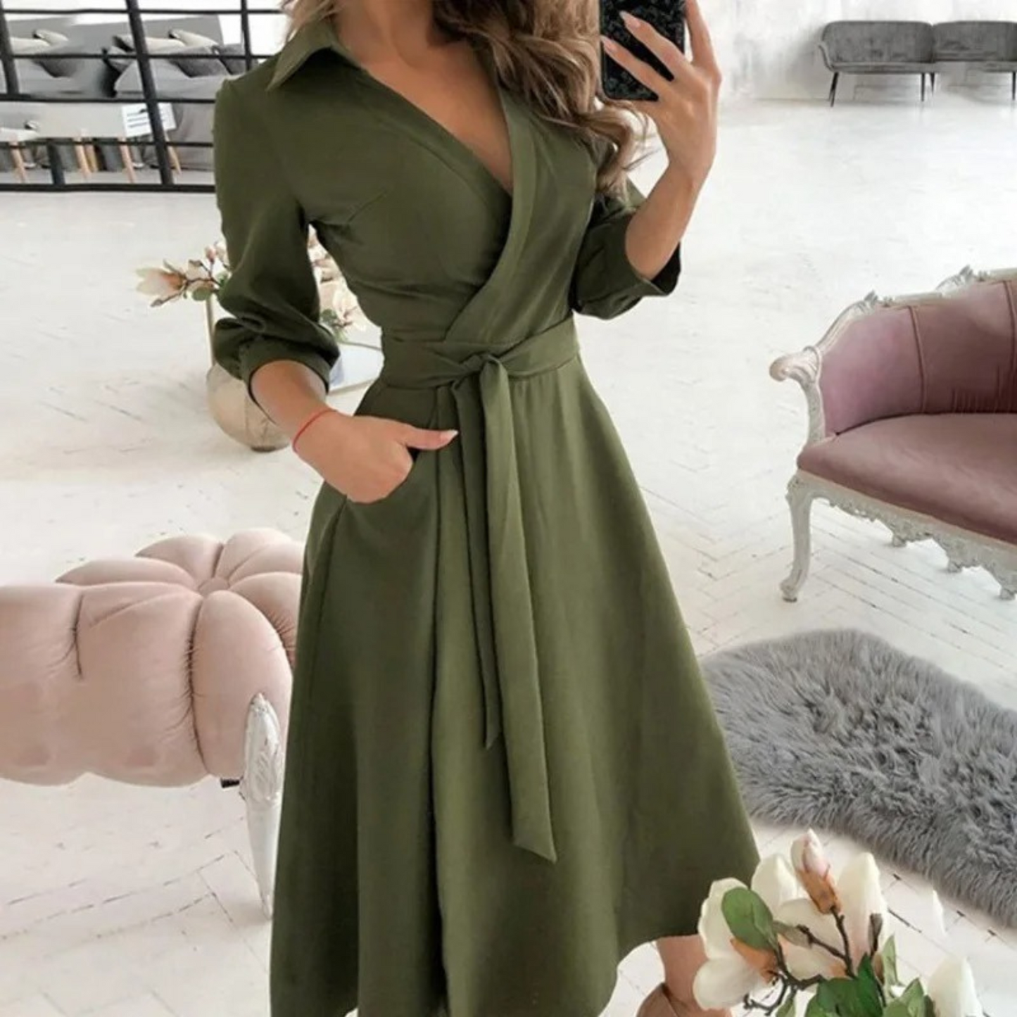 Elegante Midi-Jurk met Overslag en Tailleband voor Vrouwen