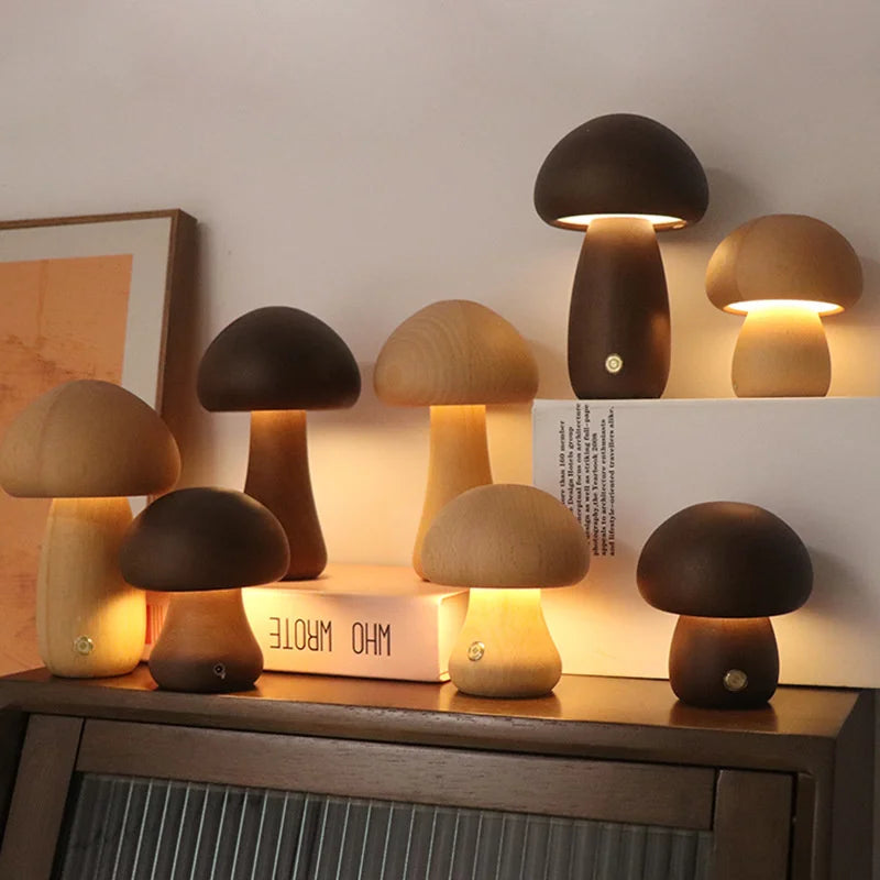 Natuurlijke Houten Paddenstoel Nachtlamp - Dimbaar & USB Oplaadbaar
