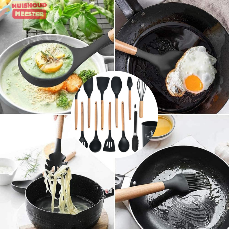 12-piece wooden and silicone kitchen set with holder