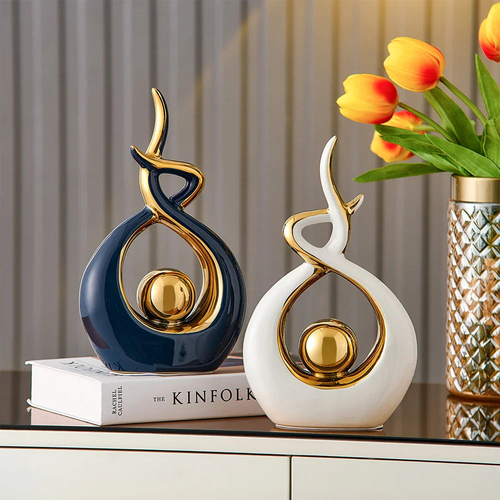 Abstracte keramische kunstsculptuur met gouden accenten - Modern decor voor huis en kantoor